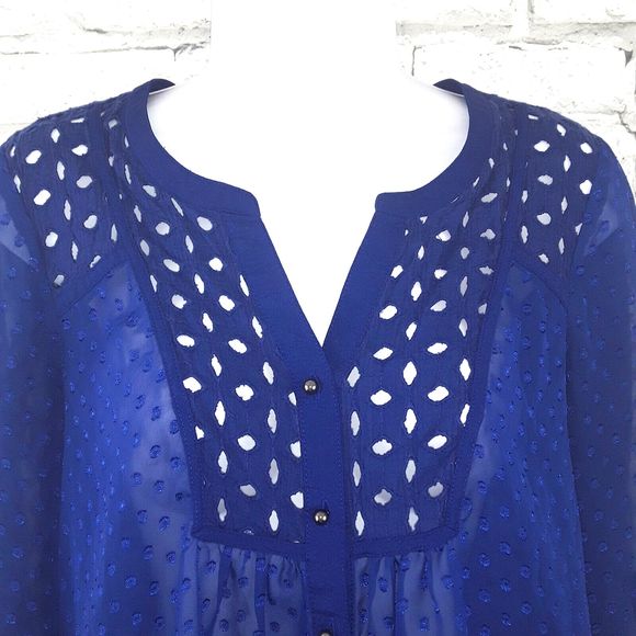 Signature Studio Blouse Womens Small Blue Swiss Dot Eyelet Button Down Top Sheer - Picture 3 of 8